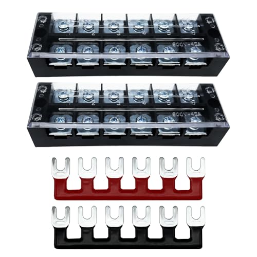 2 Sets 6 Positions 600V 45A Terminal Blocks Ground Circuit Dual Row Bus Bar Wire Screw Terminal Block Kit with Cover 600V Pre Insulated Terminal Strip WW004-4506 - size: 45A 6P