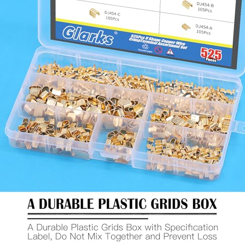 Glarks 525Pcs U Shape Copper Wire CrimpTerminal Assortment Set Non-Insulated Copper Ring Spade Butt Lugs Open Barrel Connectors Kit