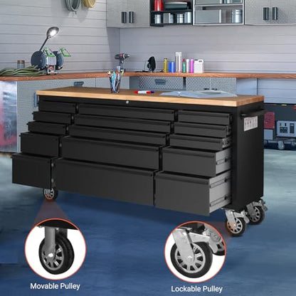 72" Heavy-Duty Rolling Tool Chest & Garage Workbench with 15 Drawers, Steel Cabinet, Rubber Wood Top, Key Locking System, Drawer Liners, On Wheels for Warehouse Repair Shop, Black - size: 72 Inch Black