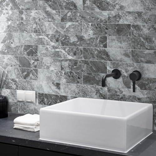 AULIGET 40-Piece Polished Grey Marble with Silver Peel and Stick Backsplash Wall Tiles, 3" x 12" PVC Faux Stone Stick on Tiles for Backsplash Kitchen, Bathroom, Laundry Room, Camper, Fireplace - color: Polished Grey Marble & Silver, size: 40 Pieces, 3"x12