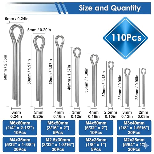 110Pcs Carbon Steel Cotter Pin Assortment Kit 8 Sizes Hitch Lock