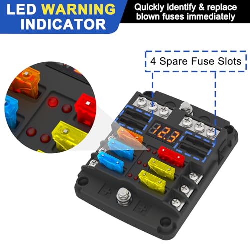 6 Way Fuse Block Box 12V/24V DC, ATC/ATO Fuse Panel with LED Display for Marine Boat Automotive Motorcycle - style: 6 Way-LED