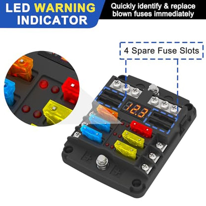 6 Way Fuse Block Box 12V/24V DC, ATC/ATO Fuse Panel with LED Display for Marine Boat Automotive Motorcycle - style: 6 Way-LED