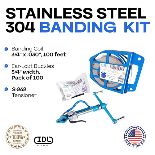 IDL Packaging 3/4" Stainless Steel 304 Banding Kit – Heavy-Duty Banding Tool + 3/4" x 0.03" x 100' Stainless Steel 304 Banding Coil + 100 Stainless Steel Ear-Lokt Buckles - size: 3/4" x 0.03" x 100', style: SS 304 + Ear-Lokt Buckles