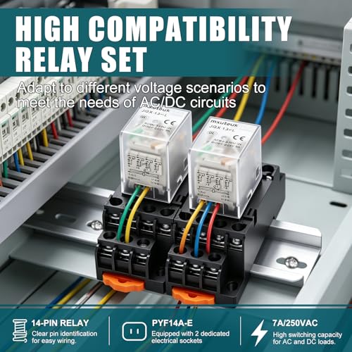 mxuteuk 2pcs HH54P AC 110V/120V Coil 14 Pin 3A 4PDT LED Indicator Electromagnetic Power Relay, with Base, with DIN Rail Slotted Aluminum - color: Black-14Pin-3A&Base, size: AC 110V