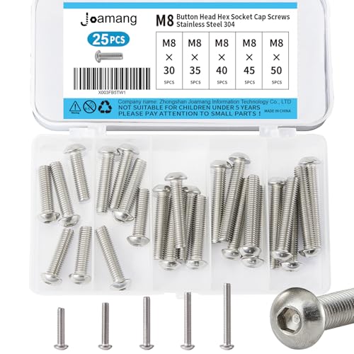 M8 x 30mm 35mm 40mm 45mm 50mm Button Head Socket Cap Screws Bolts, Stainless Steel 304, Metric Allen Hex Drive, Bright Finish, Fully Threaded, Assortment Kit 25PCS - size: Button M8x30-50 mm