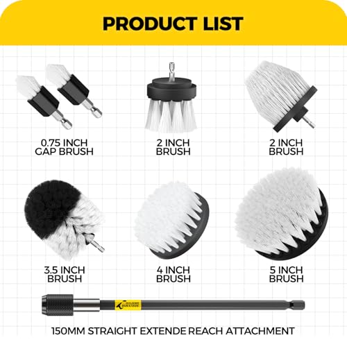 Holikme 8Pc Drill Brush Set - Scrub Brushes with Extension for Home Clean - color: White
