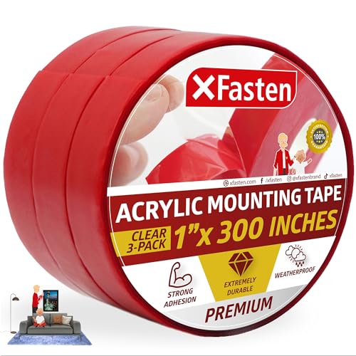 XFasten Extreme Double-Sided Acrylic Mounting Tape Removable, 1-Inch x 300-Inch, Pack of 3, Weatherproof, Super Strong Double-Sided Adhesive and Tough Bonding Strength