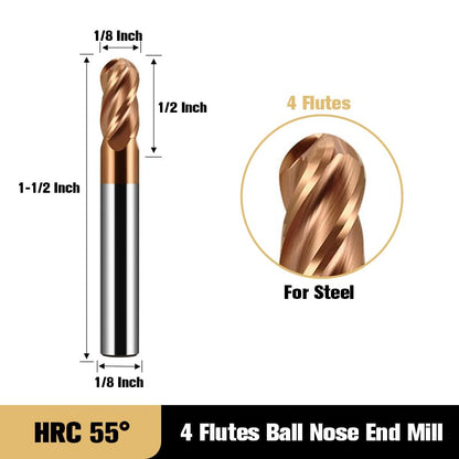 5PCS 1/8" Carbide Ball Nose end Mill Bits Set- 1/8" Shank Dia,1-1/2'' Oal - 4 Flutes TISIN Coated - for Alloy Steels, Hardened Steels - size: 1/8 in