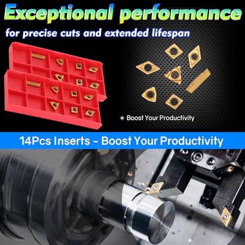 Indexable Lathe Turning Tool 21Pcs Kit 1/4'' 6mm Shank 7Pcs Metal Lathe Tools Holder Set with 14Pcs Turning Inserts for Turning Grooving Threading Boring Carbide Inserts Carbide Turning Tool - style: 7pcs 1/4" 6mm Shanks+14pcs Inserts