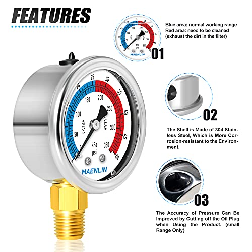 MEANLIN MEASURE 1/4" NPT 0-50psi Pressure Gauge, 2" Dial Glycerine Filled Pool Filter, 304 Stainless Steel Housing, Lower Mount, with 1/2" NPT and 3/8" NPT Hex Bushing - size: 0-50Psi/0-350Kpa, style: Lower Mount
