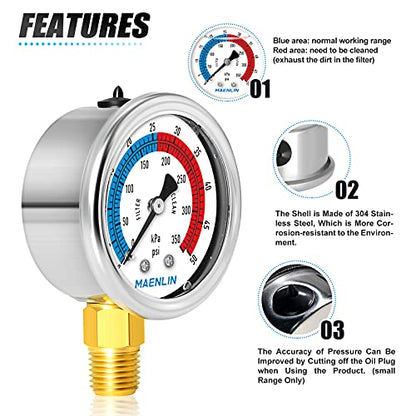 MEANLIN MEASURE 1/4" NPT 0-50psi Pressure Gauge, 2" Dial Glycerine Filled Pool Filter, 304 Stainless Steel Housing, Lower Mount, with 1/2" NPT and 3/8" NPT Hex Bushing - size: 0-50Psi/0-350Kpa, style: Lower Mount
