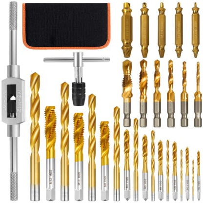 32 Pcs Metric Tap and Die Set, Adjustable Drill and Tap Set with Tap Wrench, Stripped Screw Extractor, Twist Drill Bits, and M2-M12 Taps, Hand Screw HSS Thread Tap Set, Drill Tap Set for Metal Wood - color: 32 Pcs