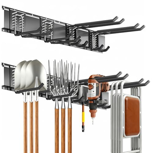 Garage Tool Organizer Wall Mount, 32inch Heavy-Duty Garage Storage System and Garden Tool Organizer with 4 Adjustable Hooks for Shovel, Snowboard, Yard Tools and Shed - size: 32"-4hooks