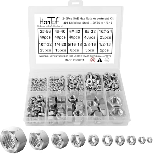 240pcs SAE Hex Nuts Assortment Kit, 4#-40 6#-32 8#-32 10#-24 10#-32 1/4"-20 5/16"-18 3/8"-16 1/2"-13, 304 Stainless Steel 18-8, Hex Hexagonal Nuts, External Hex Nut Set - size: SAE Kit: 2#-56 to 1/2-13