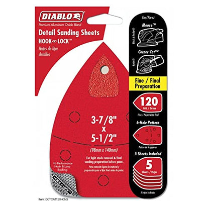 Diablo Premium CAT/Mouse Detail Sanding Sheets - 120-Grit, Medium, 5-Pack - size: 5 Pack, style: 120-Grit (6 holes)