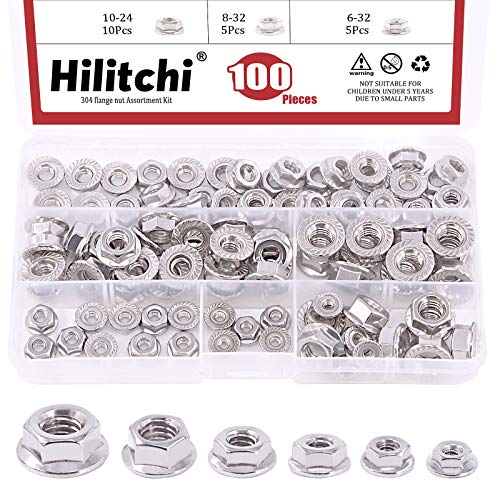 Hilitchi 100Pcs 304 Stainless Steel Serrated Flange SAE Hex Lock Nuts 1/4-20 5/16-18 3/8-16 10-24 8-32 6-32 Bright Finish Hex Flange Nuts Assortment Kit - size: 100Pcs SAE Hex Flange Nuts