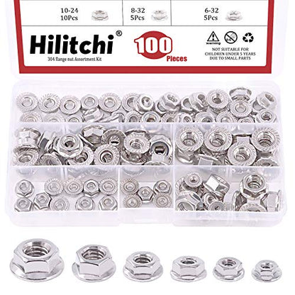 Hilitchi 100Pcs 304 Stainless Steel Serrated Flange SAE Hex Lock Nuts 1/4-20 5/16-18 3/8-16 10-24 8-32 6-32 Bright Finish Hex Flange Nuts Assortment Kit - size: 100Pcs SAE Hex Flange Nuts