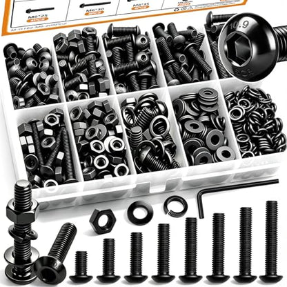 mankk 204PCS M6 Screws Kit M6 x 8/10/12/16/20/25/30/35mm Hex Socket Head Cap Bolts Nuts & Washers Assortment Kit 12.9 Grade Alloy Steel Machine Screws - size: M6