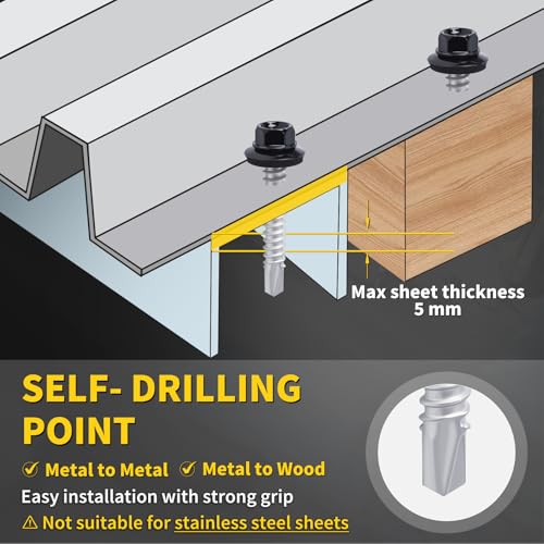 Metal Roofing Screws #12 × 1", 300 PCS, FIXLINK Baking Paint Hex Head Rubber Washer Sheet Metal Roof Screws Self Drilling Metal to Wood Siding Screws, Hex Socket Included, Black - color: Black, size: #12 x 1"