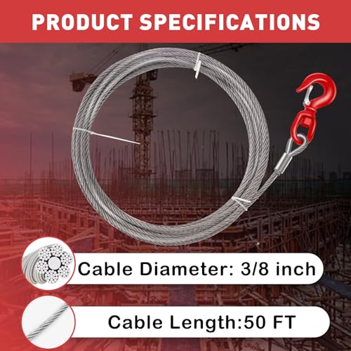 Steel Winch Cable,3/8" x 50' Wire Rope with Swivel Hook,17637 Lbs Breaking Strength,6x19 Strand Core Steel Towing Cable for Tow Truck,Crane,Wrecker - size: 50 ft