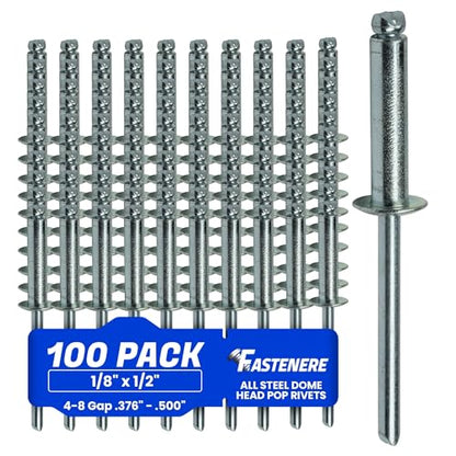 Fastenere Pop Rivets - 1/8" x 1/2" (100 pcs) Heavy Duty, Open-End, Low Carbon Steel, Dome-Head Blind Rivets, Corrosion-Resistant & High Shear Strength, 4-8 Gap 0.376"-0.500" - size: 1/8" x 1/2" (4-8) (100 Pack)