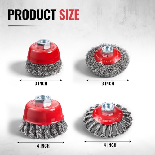 4 PCS 4.5" Grinder Wire Wheel, Knotted & Crimped Cup Wire Brush for Rust Paint Remover