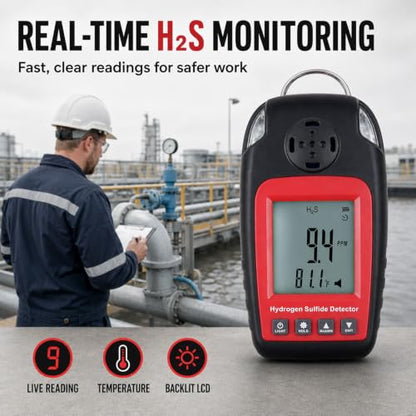 H2S Gas Detector, Portable Hydrogen Sulfide Detector Gas Leak Detectors & Alarms Electrochemical H2S Monitor Meter Single Gas H₂S Sensor Poisoning Alarm with Clip and LCD Screen Backlight