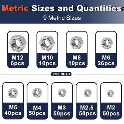 ZQZ 510 Pcs SAE & Metric Hex Nut Assortment Kit;304 Stainless Steel Nut Set - size: SAE and Metric Hex Nuts Assortment;510 PCS