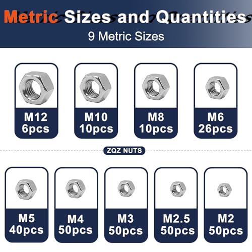 ZQZ 510 Pcs SAE & Metric Hex Nut Assortment Kit;304 Stainless Steel Nut Set - size: SAE and Metric Hex Nuts Assortment;510 PCS