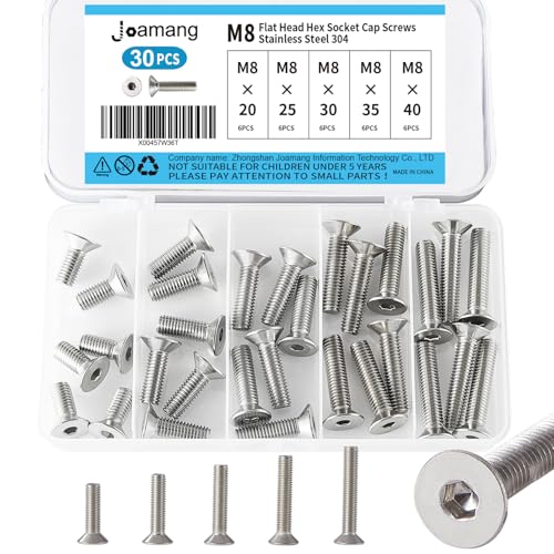 M8 x 20mm 25mm 30mm 35mm 40mm Flat Head Hex Socket Cap Screws Countersunk Bolts, Stainless Steel 304, Metric Allen Drive, Bright Finish, Fully Threaded, Assortment Kit 30PCS - size: M8x20/25/30/35/40 mm