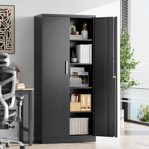 Metal Storage Cabinet with Locking Doors, 71" Tall Steel Locker Organizer with Adjustable Shelves, Garage Utility Cabinet for Home, Office, Shop, and School - color: Black, size: 71"H x 31.5"W x 15.7"D