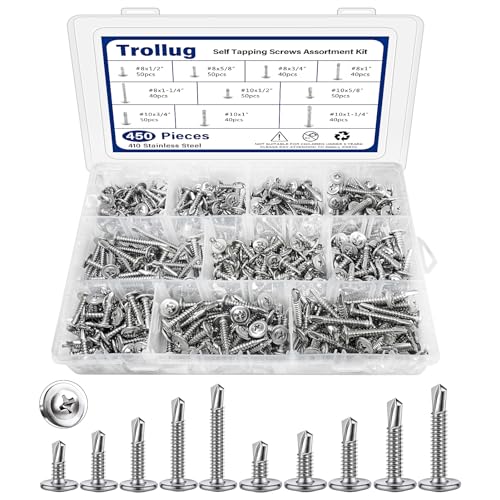 450PCS Self Tapping Screws for Metal, 410 Stainless Steel Self Drilling Screws #8#10 Truss Head Sheet Metal Screws Assortment Kits, Length 1/2"" to 1-1/4'' (Silver) - color: Silver