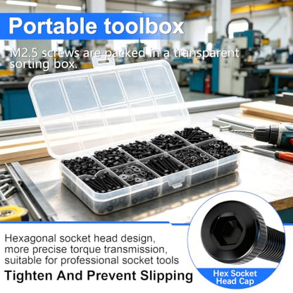 1016PCS M2.5 Screws Kit, M2.5x4/6/8/10/12/16/20/25mm Hex Socket Head Cap Screws Bolts Nuts Washers Kit, 12.9 Grade Alloy Steel Metric Screws for 3D Printer, Electronics, Furniture Repair - color: BK-M2.5 x 4-25mm