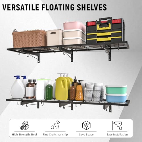 2 Pack Garage Wall Shelves, 46"X 12.5" Garage Shelving Wall Mounted, Heavy Duty Shelf Organizer with 8 Hooks, Black Floating Storage Metal Rack 320 LBS Capacity for Laundry Room, Office, Basement - size: A-2 PACK