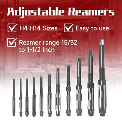 findmall 11Pcs Adjustable Reamers H4-H14 High Speed Steel Adjustable Hand Reamers 11.75mm-38mm, Metric