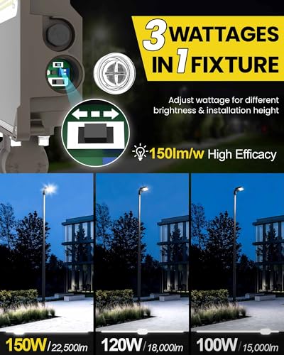 YARBO 9-in-1 LED Flood Light, 150W/120W/100W & 5000K/4000K/3000K Selectable, Timer Dimming & Dusk-to-Dawn Photocell, 22500LM IP65 Waterproof ETL Listed AC100-277V, Slip Fitter for Pole Mount Outdoor - size: 150W/120W/100W Selectable || Slip Fitter