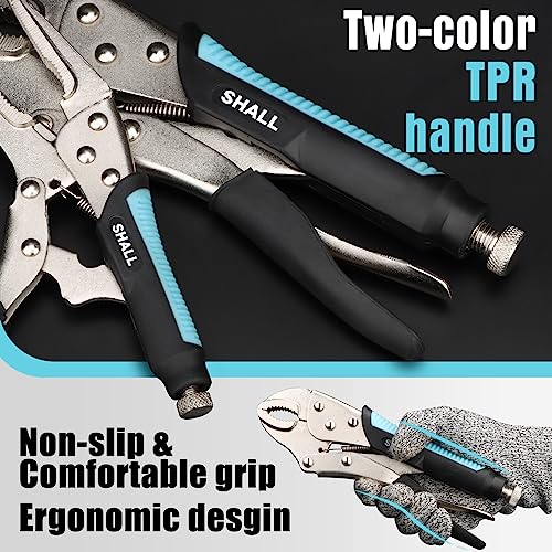 SHALL 6-Piece Locking Pliers, Vice Grips Pliers Set, 5",7" & 10" Curved Jaw Locking Pliers, 6-1/2" & 9-1/2 Long Nose Locking Pliers, 6" Locking C-Clamp, Two-Color TPR Handle, Roll Up Pouch Included