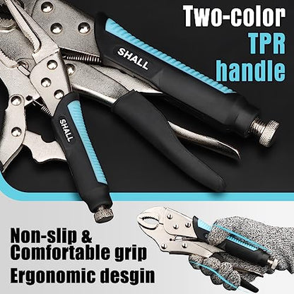 SHALL 6-Piece Locking Pliers, Vice Grips Pliers Set, 5",7" & 10" Curved Jaw Locking Pliers, 6-1/2" & 9-1/2 Long Nose Locking Pliers, 6" Locking C-Clamp, Two-Color TPR Handle, Roll Up Pouch Included