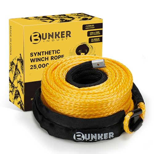 BUNKER INDUST 3/8" x 100' Synthetic Winch Rope,25000LBS Winch Cable with Protective Sleeve 100ft Winch Line Replacement for Off-Road Vehicle SUV Truck, Yellow - color: yellow, size: 3/8inch x 100ft