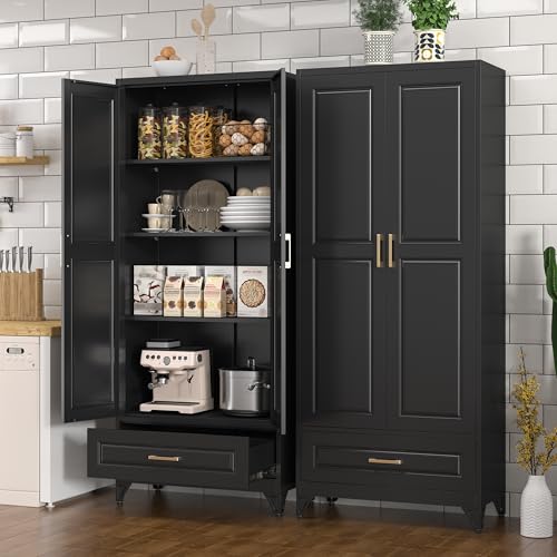 Polup 75" Metal Storage Cabinet, Tall Kitchen Pantry Cabinet with 1 Drawer - color: Black, size: 75"H - 1 Drawer