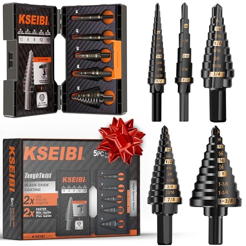 KSEIBI 598240 Industrial Grade Unibit 5-Pieces Step Drill Bits Set 3-Flat Shank, High-Speed Steel Metal Drill Bits Kit Black Oxide M2 for Drilling Stainless Steel, Aluminium, Wood - size: #1-#5 (1/8-1 3/8 inch)