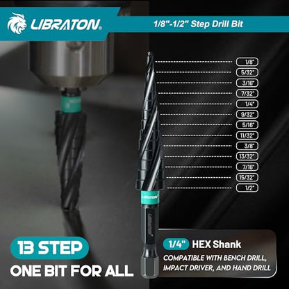 LIBRATON Four Spiral Flute Step Drill Bit Set 1/8"-1/2", M35 Step Bits - style: 1/8'' - 1/2''