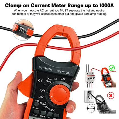 Digital Clamp Meter, Multimeter TRMS 4000 Counts 1000A AC/DC Current Amp Clamp Auto Range Volt Meter, Wireless Bluetooth Multimeter Measures Voltage, Capacitance, Ohm, Hz and Temperature