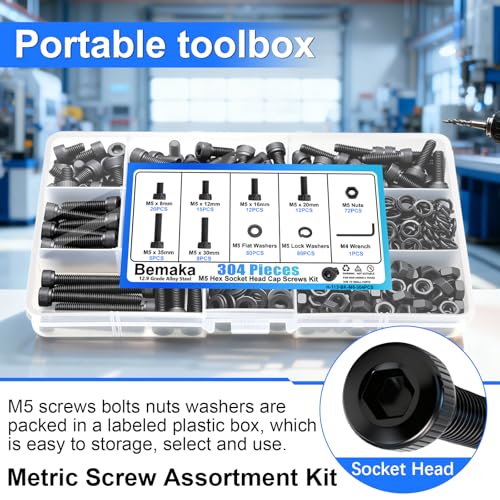 304PCS M5 Screws Kit with Nuts and Washers, M5x8/12/16/20/30/35mm - color: BK-M5 x 8-35mm
