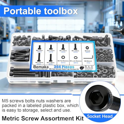 304PCS M5 Screws Kit with Nuts and Washers, M5x8/12/16/20/30/35mm - color: BK-M5 x 8-35mm