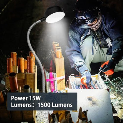 LED Magnetic Machine Light, 15W high Brightness Work lamp,Flexible Gooseneck lamp with Strong Magnetic Base for Lathe and Industrial Machine,Round Base 110-220V