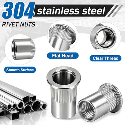 46Pcs 3/8 Rivet Nut, 304 Stainless Steel Rivet Nuts Flat Head Threaded Insert Rivnuts UNC 3/8-16 for Metal, Automotive,Aviation, and Furniture - size: SS 3/8 -16 46pcs