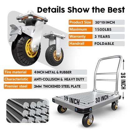 Lomive Heavy Duty Platform Truck Flat Moving Cart Hand Trucks, 1500Lbs Steel Push Cart Dolly, 30 x 19in Large Flatbed with 4'' 360 Degree Swivel Wheels for Easy Storage - size: 30" L X 19" W