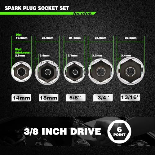 TecoTek 11-Piece Spark Plug Socket Set with 3/8" Drive Ratchet Handle, Spark Plug Gapper, Universal Joint and Extension Bar, 5/8", 3/4", 13/16", 14mm, 18mm, CR-V Sockets with Rubber Retaining Rings - size: 11PCS Spark Plug Socket Set with Ratchet Handle